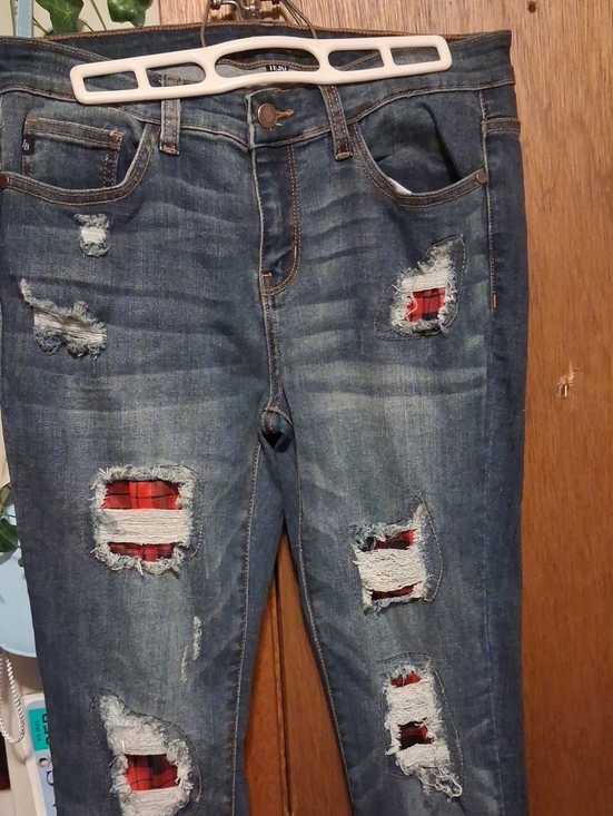 Judy Blue Denim - Judy Blue Dark Blue Distressed Boyfriend Jeans with Red Plaid Patches